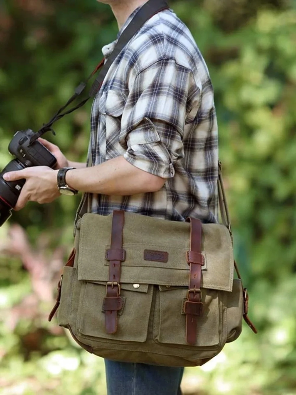 Kattee camera Canvas Messenger Bag dark dusty gray Brown Leather Trim